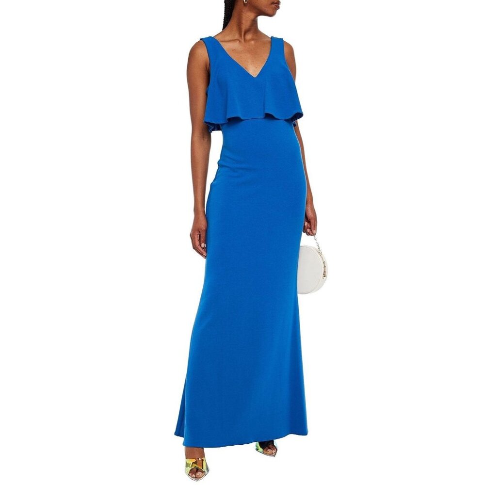 Badgley Mischka Fallyn Blue Ruffle Gown Size 0 V-neckline Sleeveless Formal New